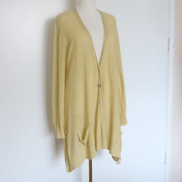 Eileen Fisher 100% Linen Long Cardigan Sweater Light Yellow Button Front Size L - Picture 2 of 9
